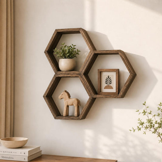Lot d'Étagères Murales Hexagonales en Bois