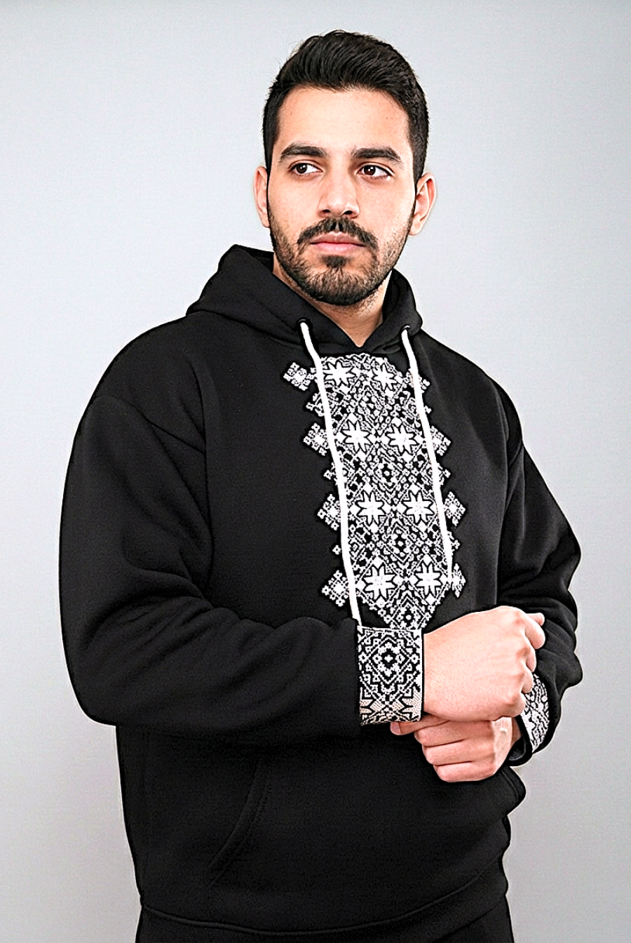 sweat à capuche Noir avec Broderie Traditionnelle Élégante