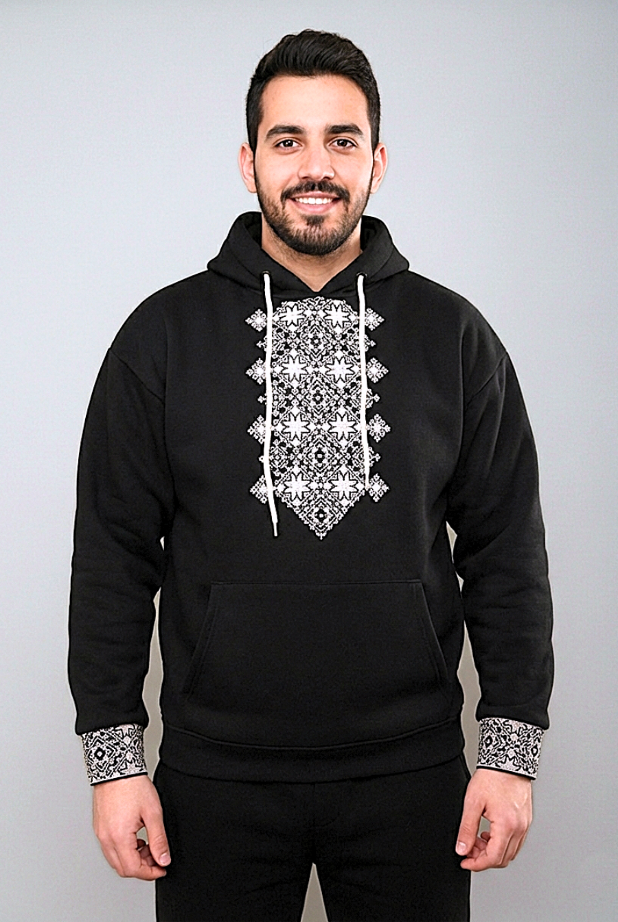 sweat à capuche Noir avec Broderie Traditionnelle Élégante