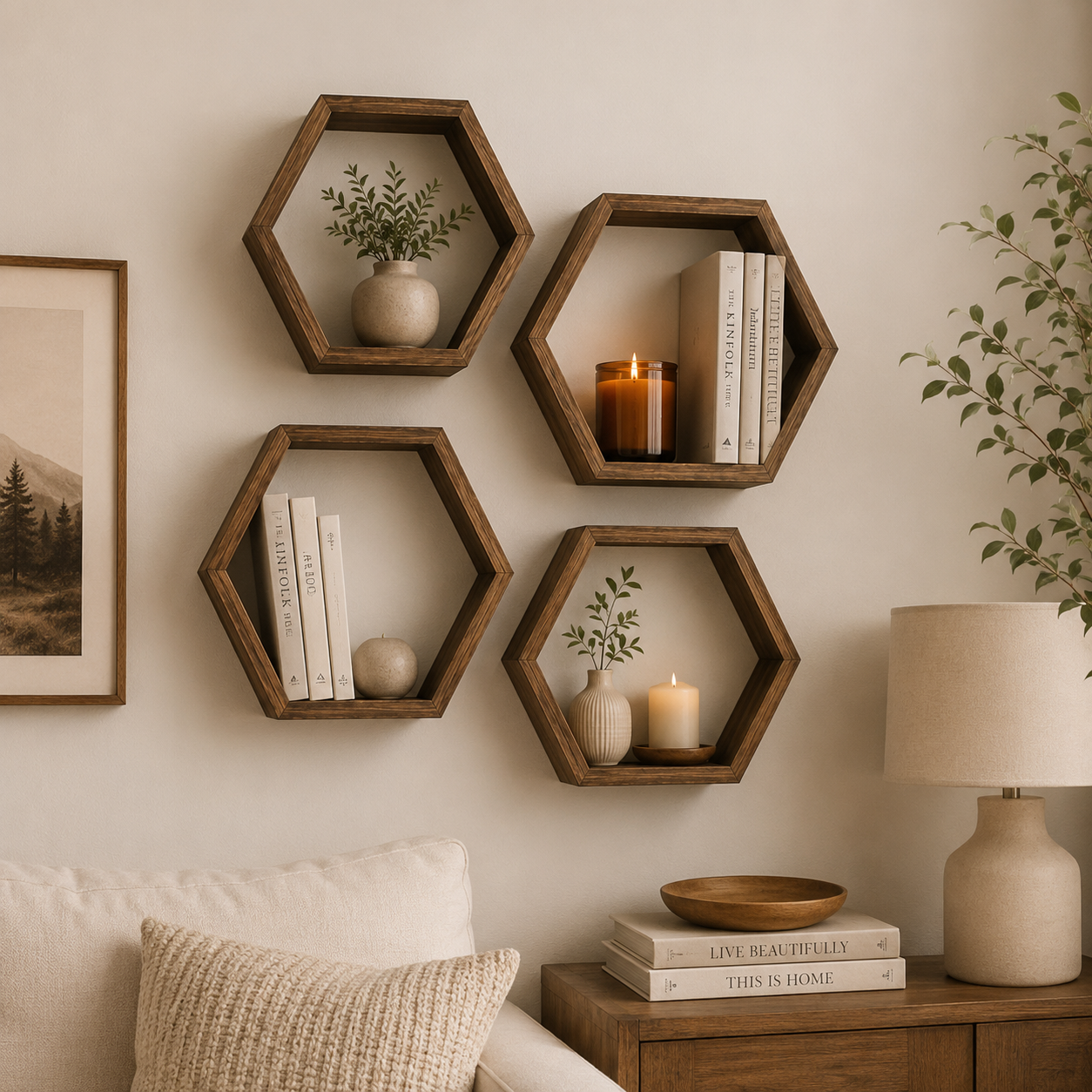 Lot d'Étagères Murales Hexagonales en Bois