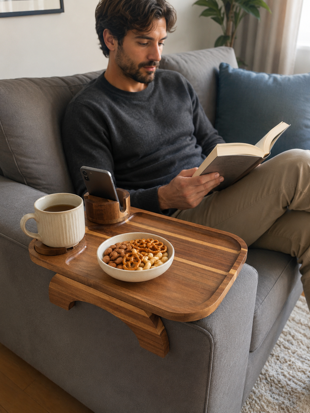Table en Bois d'Acacia avec Support Téléphone