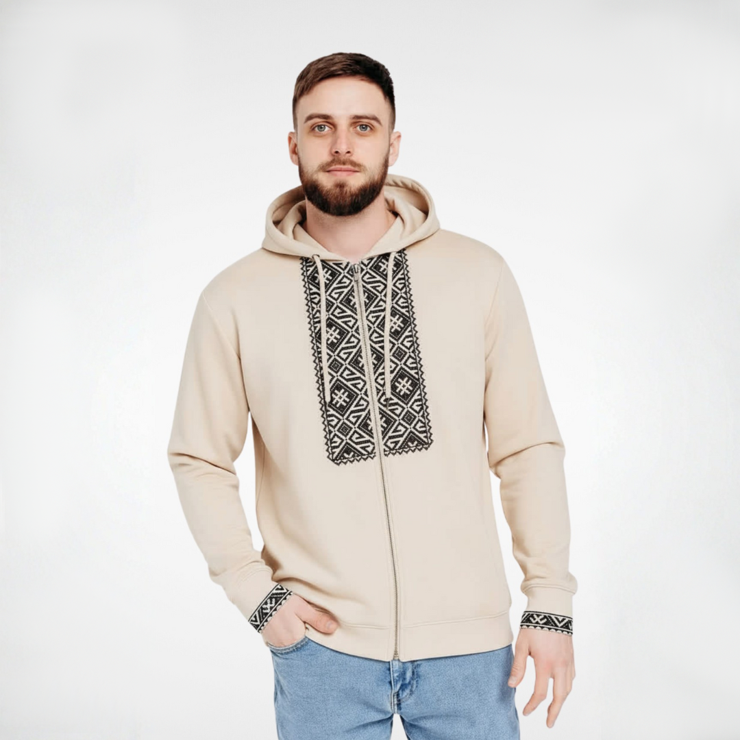 Hoodie Beige à Broderie Traditionnelle – Style & Confort Premium