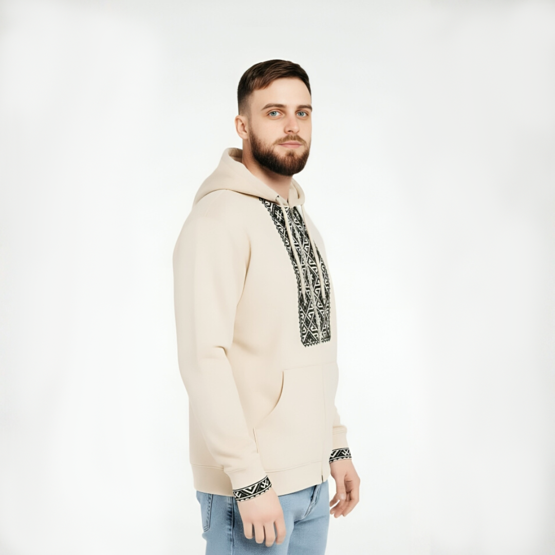 Hoodie Beige à Broderie Traditionnelle – Style & Confort Premium