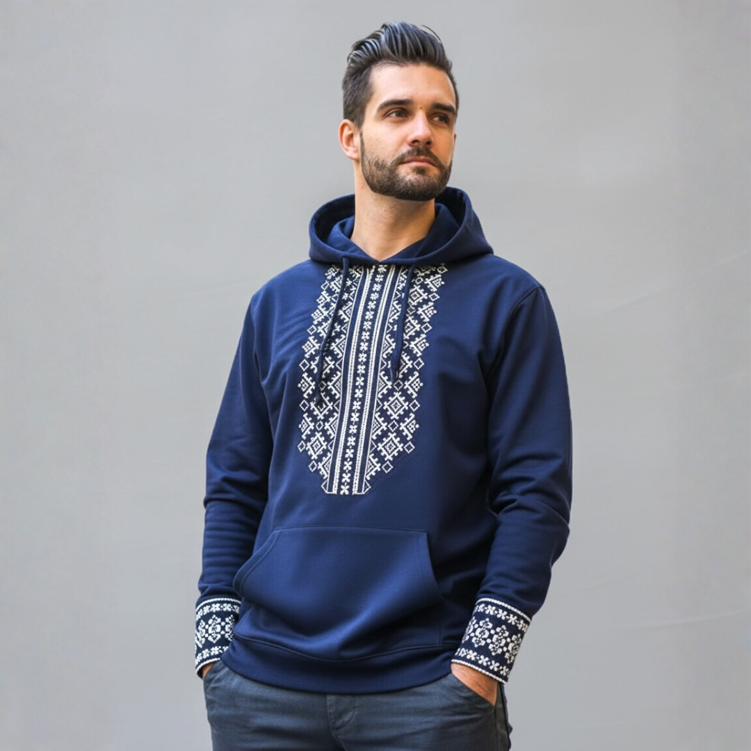 Hoodie Bleu Marine Brodé – Style Traditionnel & Confort Moderne