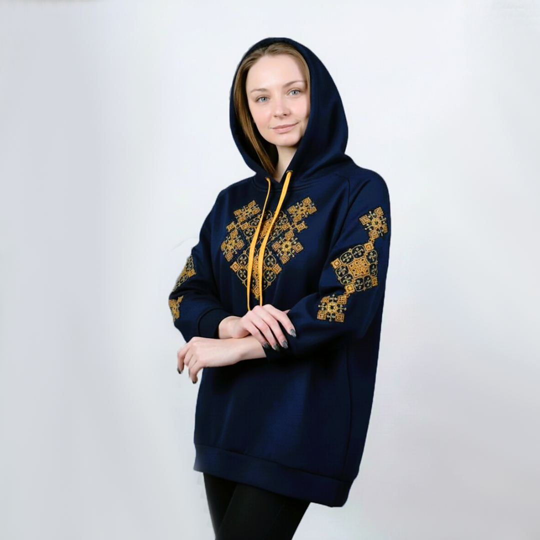 Hoodie Bleu Marine Brodé à Motifs Géométriques