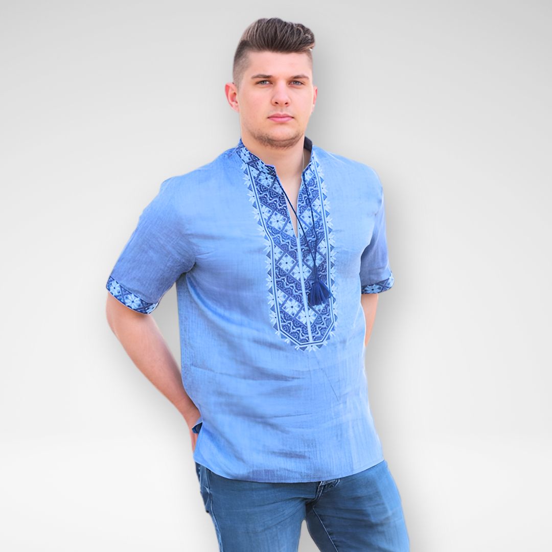 T-shirt Traditionnel Brodé – Bleu Ciel