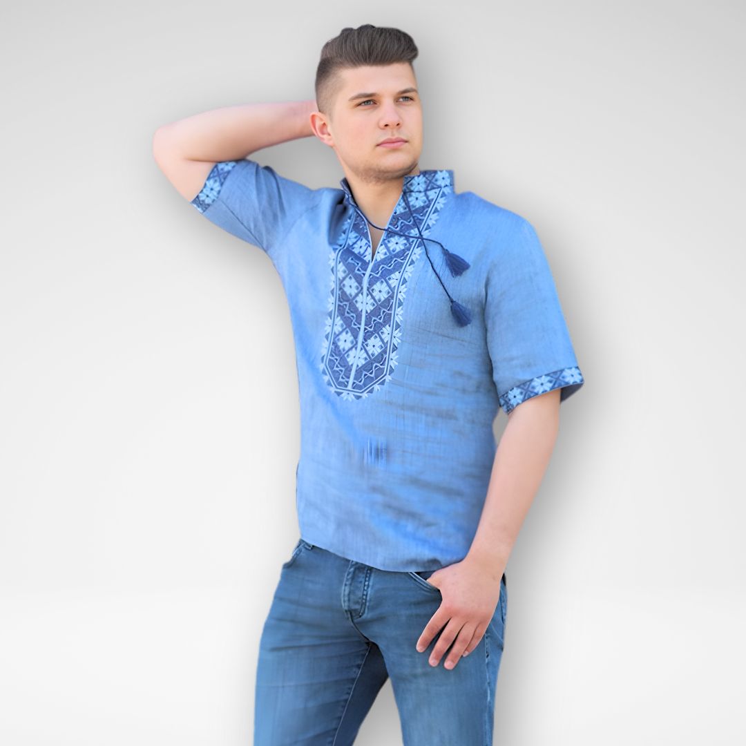 T-shirt Traditionnel Brodé – Bleu Ciel