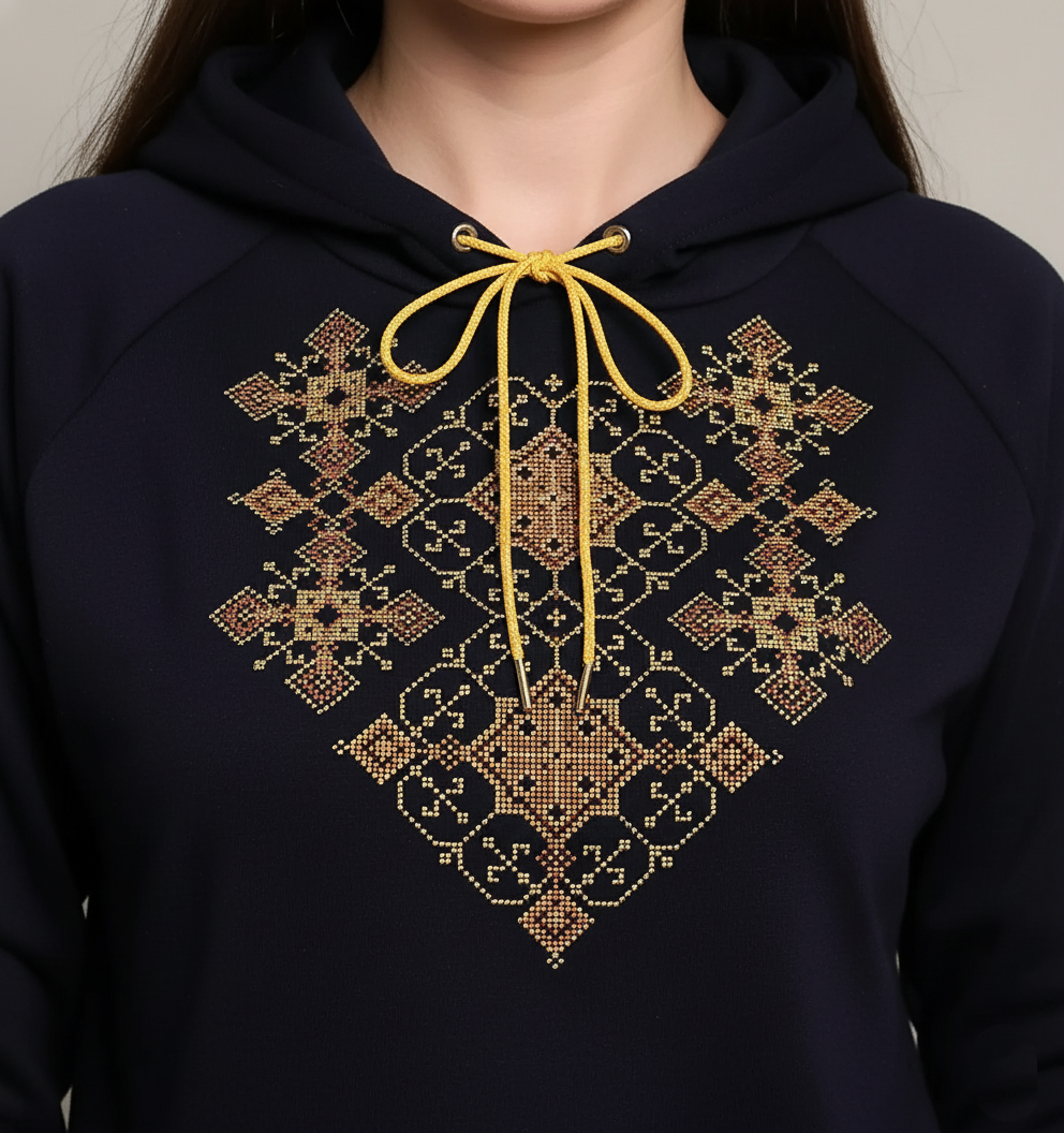 Hoodie Bleu Marine Brodé à Motifs Géométriques