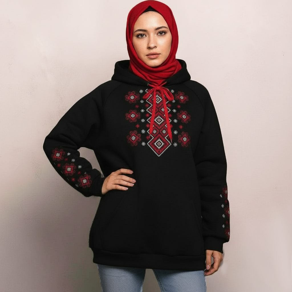 Hoodie Noir Brodé Traditionnel en Montoner Turc