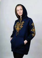 Hoodie Bleu Marine Brodé à Motifs Géométriques