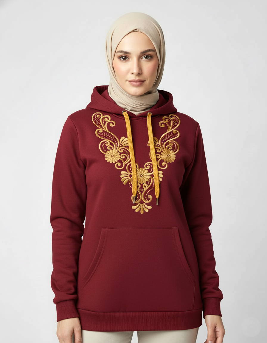 Hoodie Grenat Brodé – Style Traditionnel & Confort Moderne