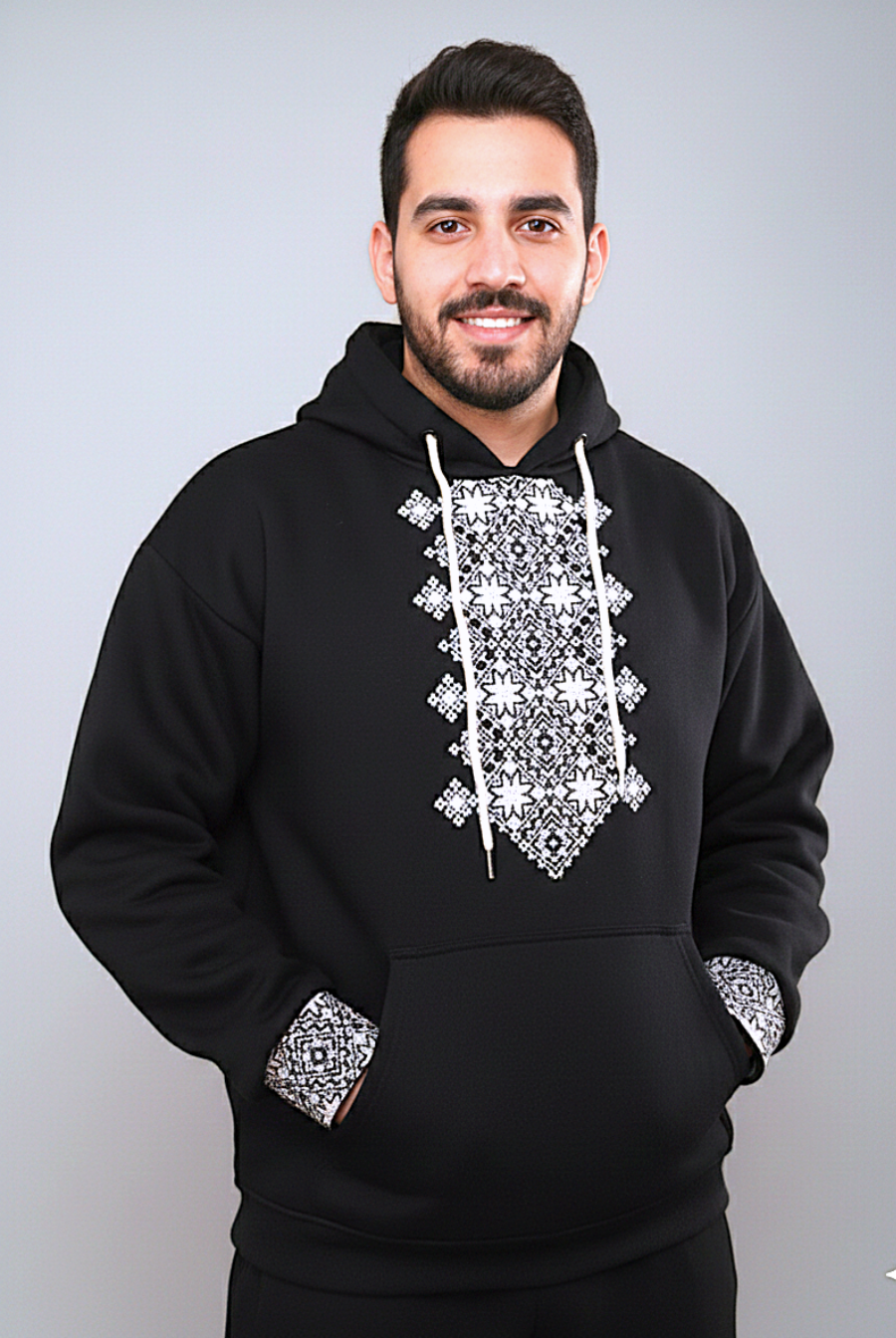 sweat à capuche Noir avec Broderie Traditionnelle Élégante