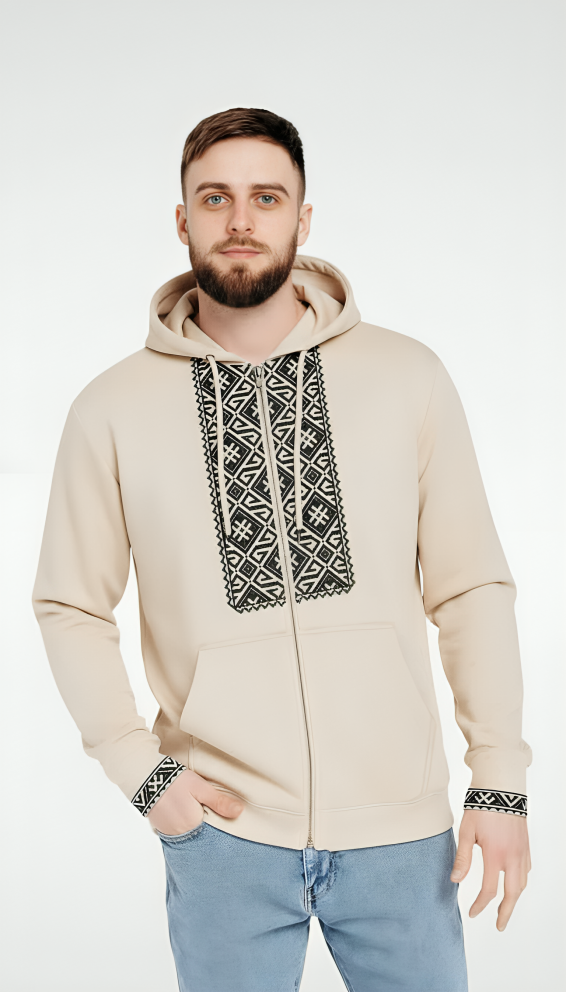 Hoodie Beige à Broderie Traditionnelle – Style & Confort Premium