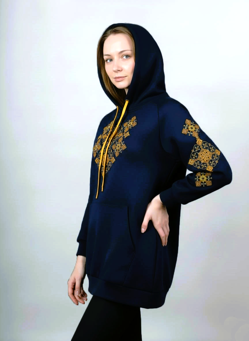 Hoodie Bleu Marine Brodé à Motifs Géométriques