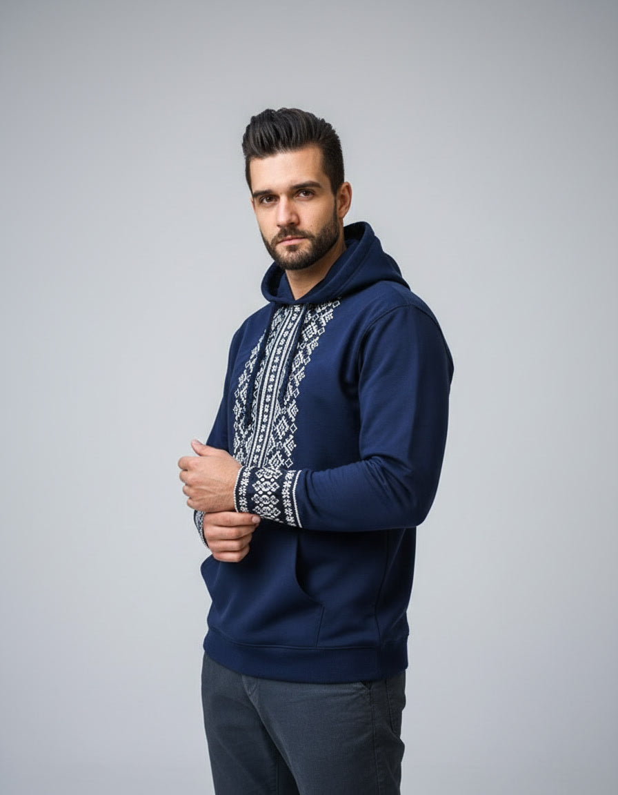 Hoodie Bleu Marine Brodé – Style Traditionnel & Confort Moderne