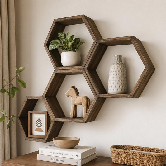 Lot d'Étagères Murales Hexagonales en Bois
